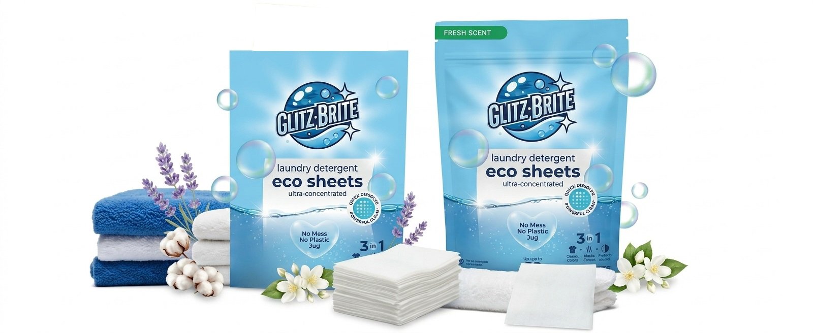 Eco-friendly dissolvable laundry detergent sheets Glitz-Brite website hero image Dubai